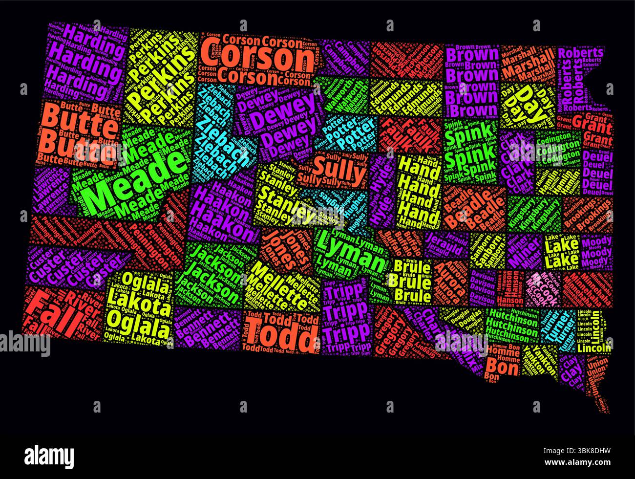 Dakota du Sud Word Cloud. Design de style néon lumineux sur un fond sombre. Nuage de texte de noms de région. Forme de limite avec division administrative. Illustration de Vecteur Dakota du Sud Word Cloud. Design de style néon lumineux sur un fond sombre. Nuage de texte de noms de région. Forme de limite avec division administrative. Illustration de Vecteur