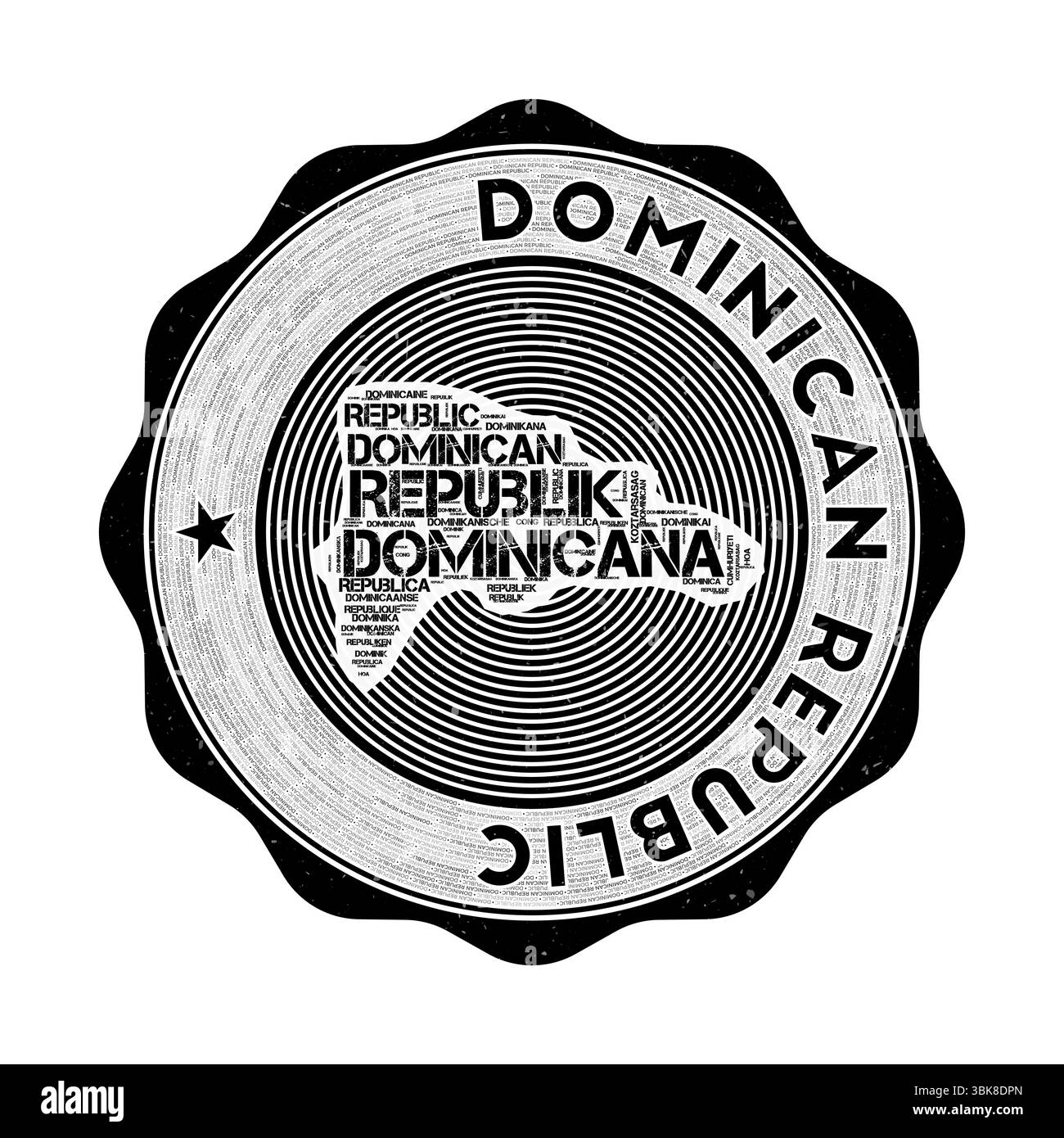 Dominicana Seal. Logo rond de pays avec la forme de Dominicana et le nom du pays dans plusieurs langues Wordcloud. Emblème génial. Illustration de Vecteur