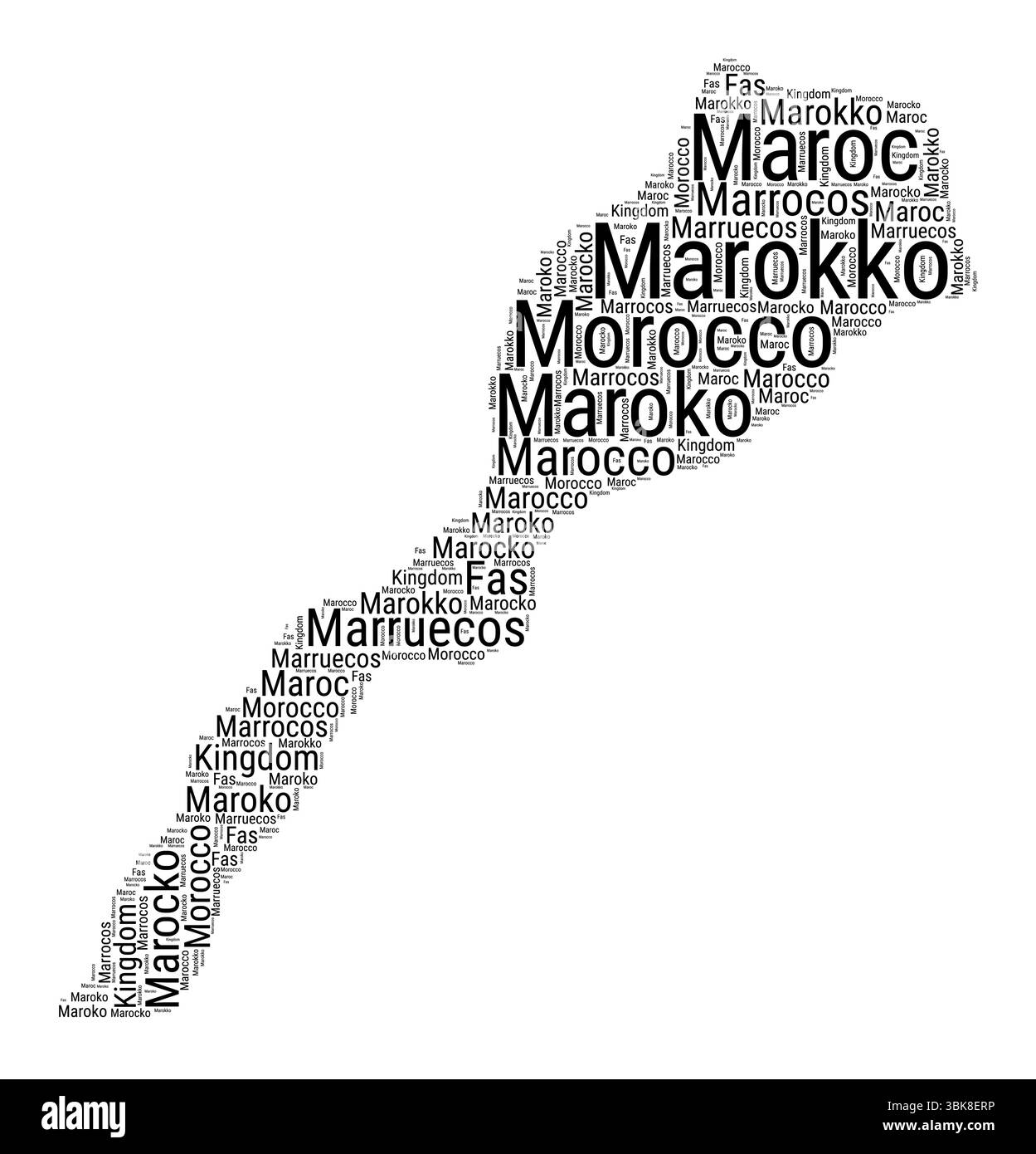 Nuage de mots noir et blanc en forme de Maroc. Illustration de pays de style typographique simple. Nuage de texte noir Maroc Uni sur fond blanc. Illustration de Vecteur