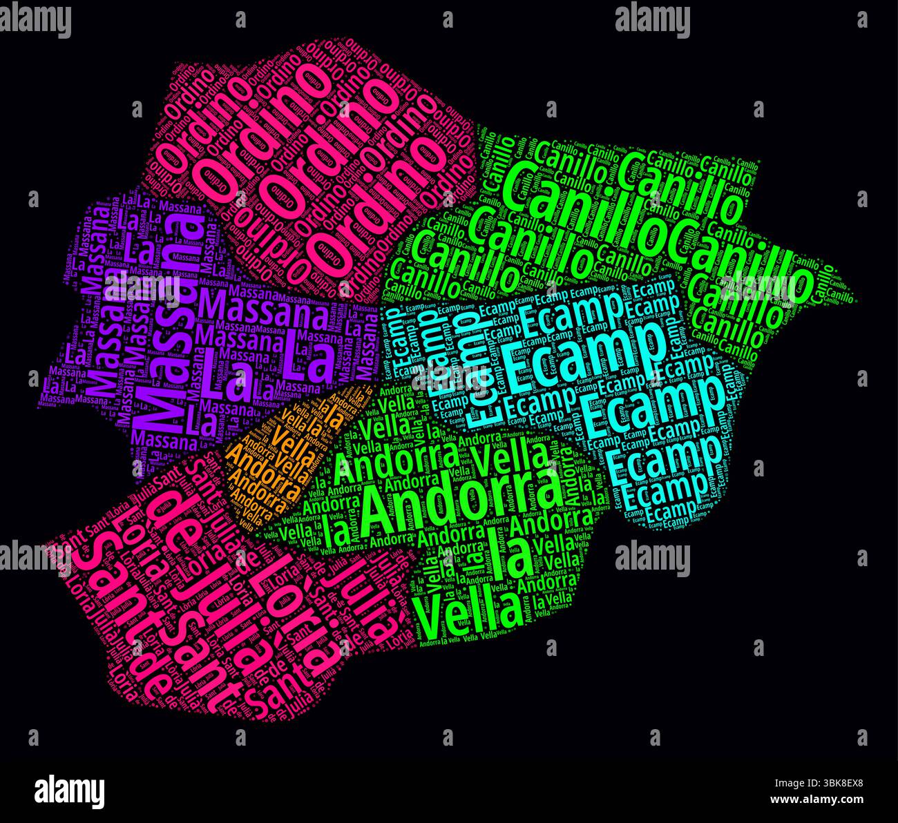 Nuages de mots des régions d'Andorre. Design de style néon lumineux sur fond sombre. Noms de région du pays en catalan. Illustration de Vecteur