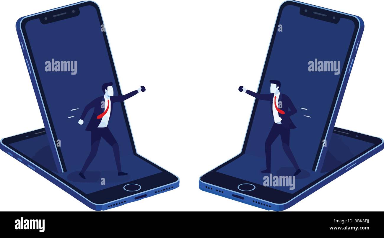 Deux hommes d'affaires émergeant des smartphones et des combats. Concept de concurrence commerciale à l'ère numérique, conflit en ligne ou rivalité avec les médias sociaux. Illustration de Vecteur