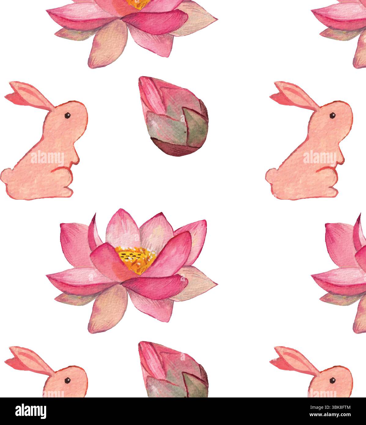 Motif aquarelle fleur de lotus rose et lapin lune. Fond d'écran asiatique de festival de mi-automne. Éléments romantiques mignons pour la décoration traditionnelle. Nature Illustration de Vecteur