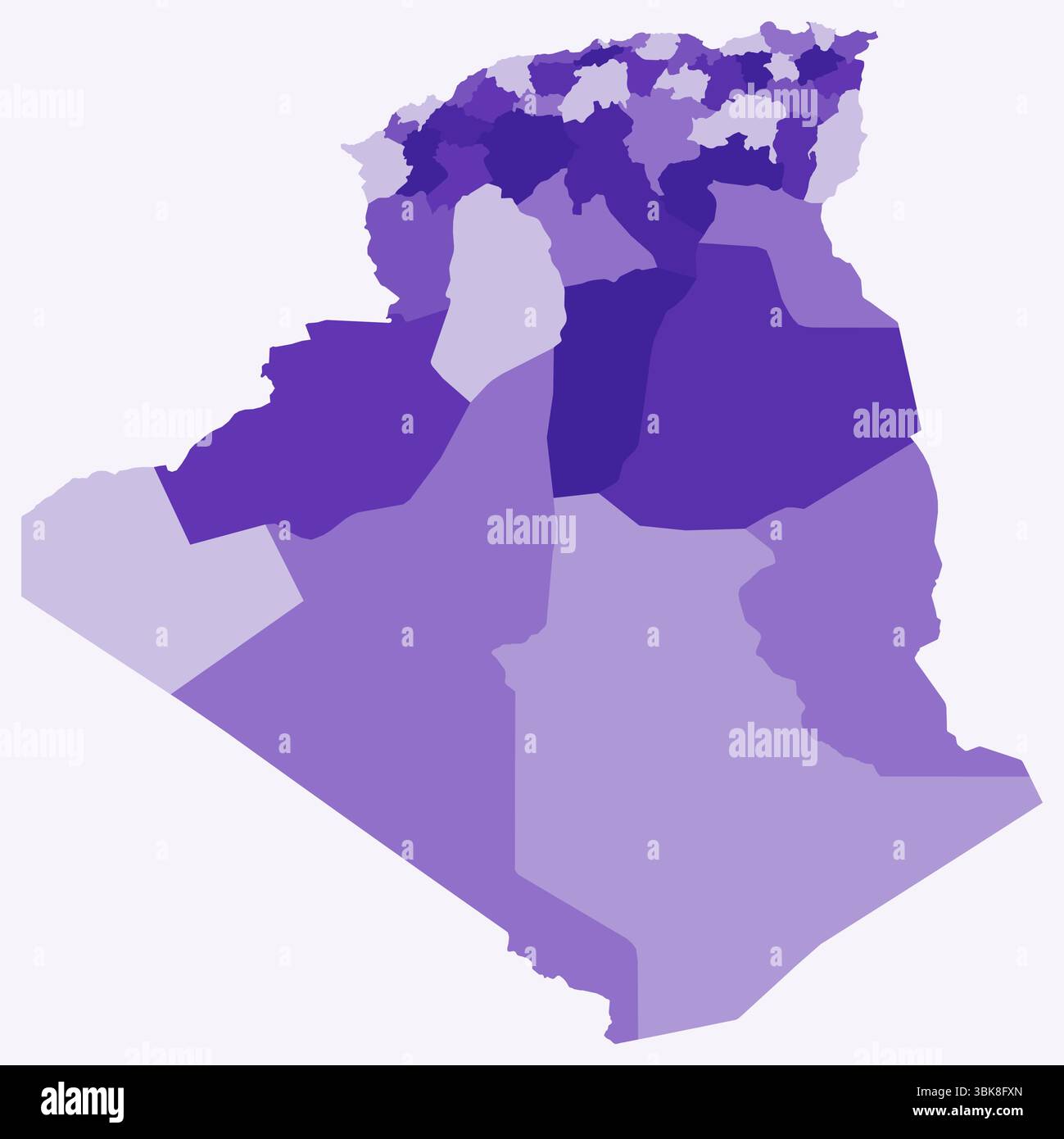 Carte d'Algérie avec les régions. Juste une carte de frontière de pays simple avec division de région. Palette de couleurs violet foncé. Illustration de Vecteur
