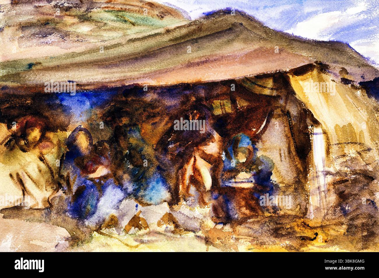 Tente bédouine par John Singer Sargent - CA. 1905-1906 Aquarelle orientaliste, scène du désert du moyen-Orient, tirage d'art du domaine public Banque D'Images