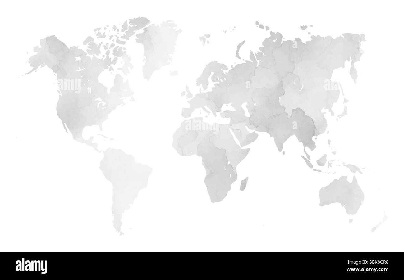 Cet art vectoriel présente une carte du monde conçue avec une texture aquarelle, mettant en valeur divers continents avec des couleurs douces et mélangées. Idéal pour un usage éducatif ou décoratif. Illustration de Vecteur