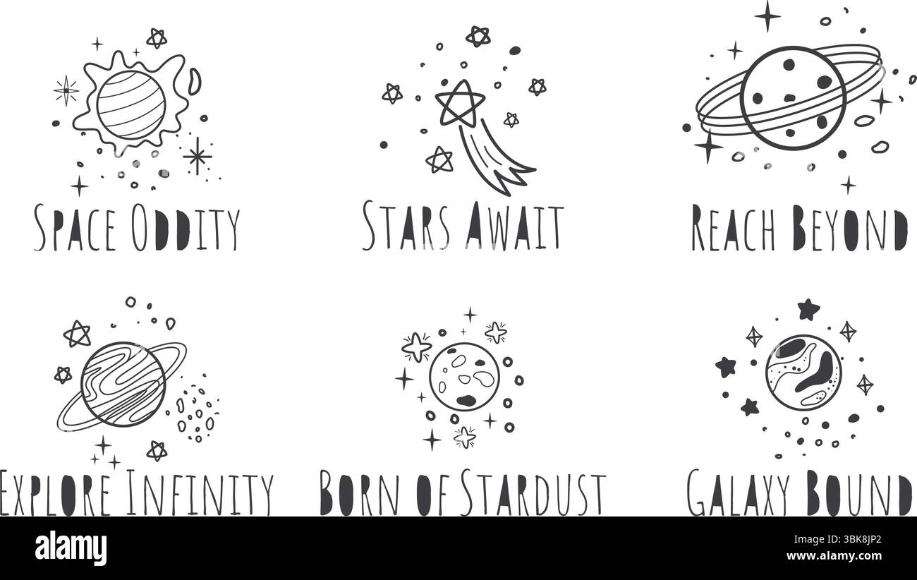Ensemble d'illustrations simples avec lettrage sur le thème de l'espace. Comètes, étoiles, planètes, poussières d'étoiles et dictons mignons, éléments vectoriels. Imprimer pour t-shirt, livre Illustration de Vecteur