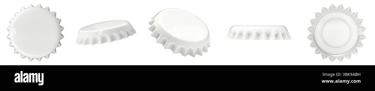 Bouchons de bouteille blancs sur fond transparent 3D. Banque D'Images