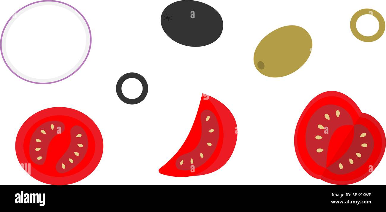 Rondelles d'oignon de tomate tranchées et fruits d'olive salade colorée ingrédients légumes Design ensemble d'éléments. Illustration vectorielle isolée thèmes alimentaires ou cartes de menu, bannière promotionnelle, dépliants, étiquettes, étiquettes de prix Illustration de Vecteur