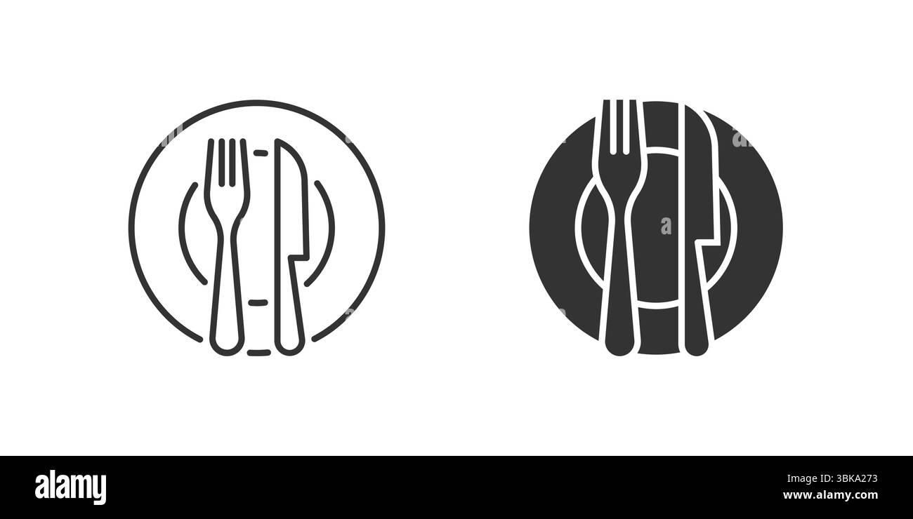 Jeu d'icônes de fourche de couteau de plaque. Icône noire d'une assiette avec couteau et fourchette, représentant la salle à manger. Illustration de Vecteur
