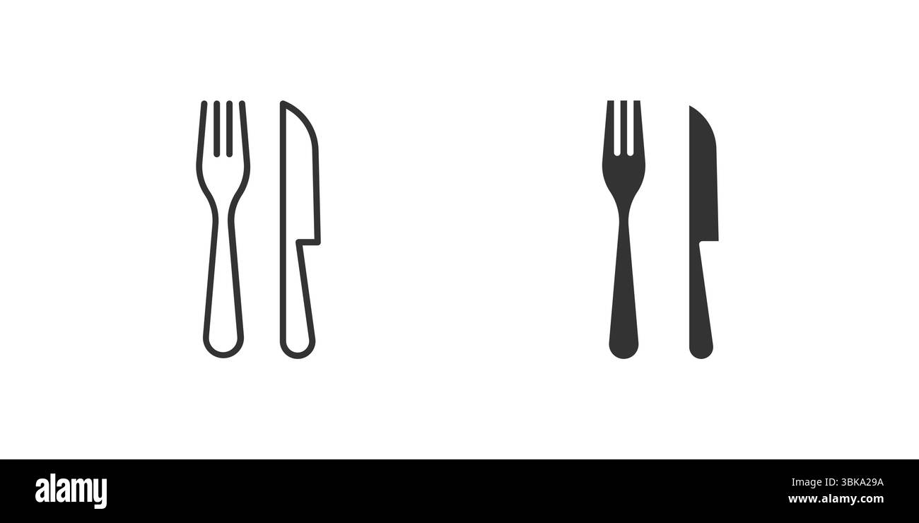 Icône de couteau à fourche définie. Icône noire d'une fourchette et d'un couteau, représentant un repas ou une cuisine. Illustration de Vecteur