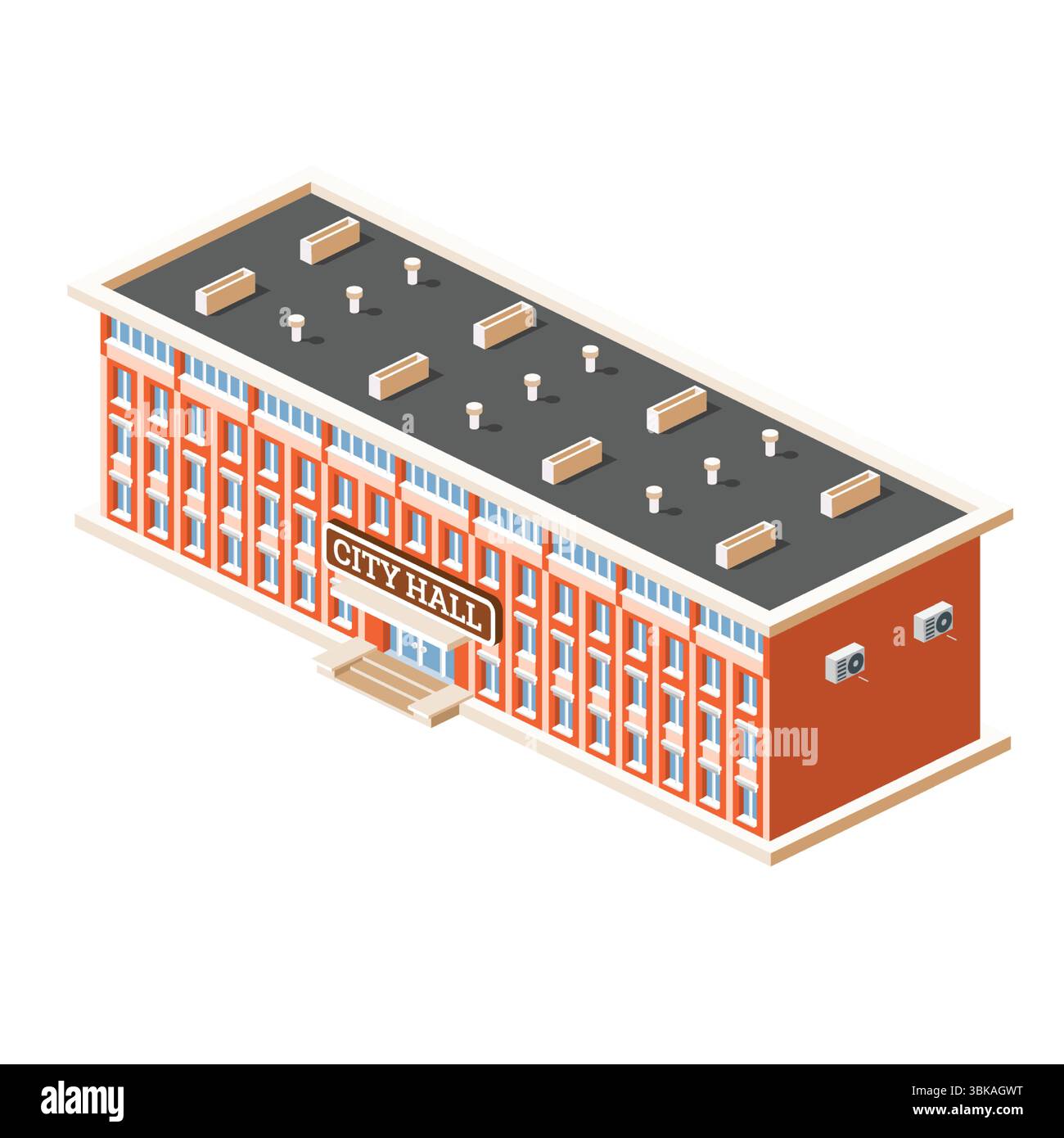 Illustration isométrique d'un hôtel de ville ou d'un bâtiment de l'hôtel de ville avec une façade en briques rouges et un toit plat. Bâtiment isolé sur fond blanc. Illustration de Vecteur