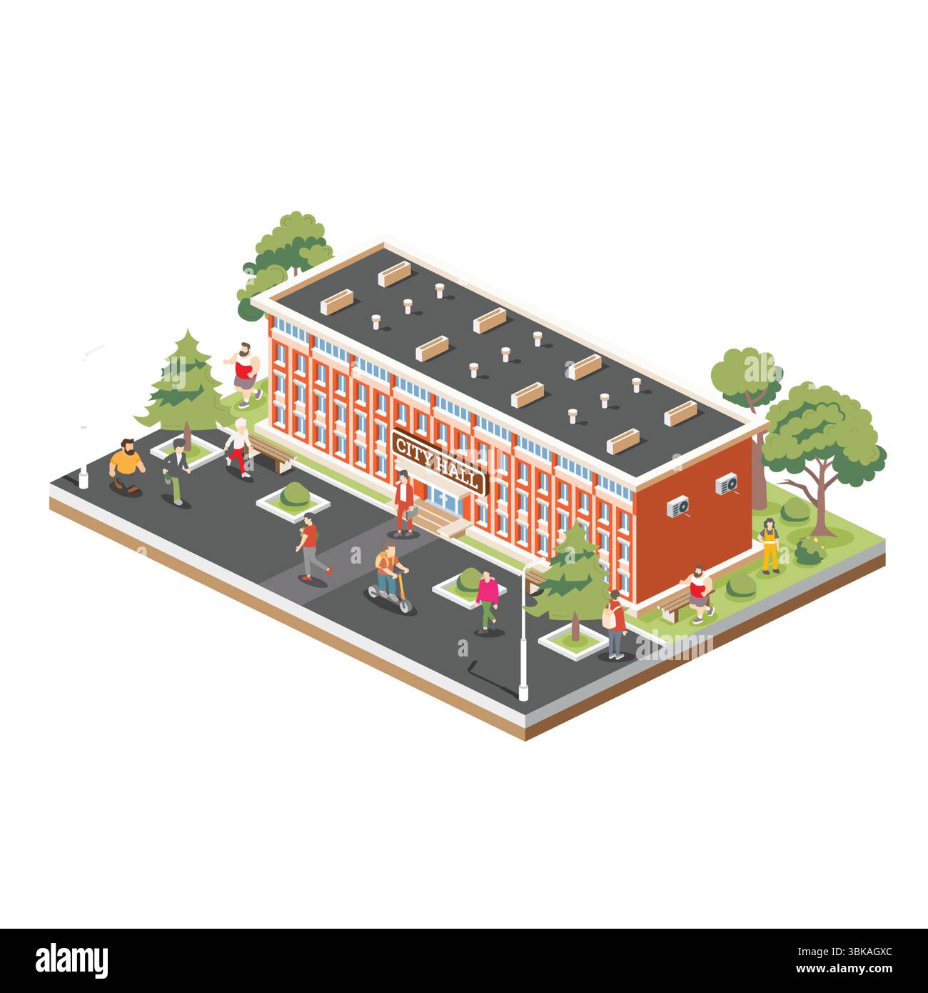 Illustration isométrique d'un hôtel de ville ou d'un bâtiment de l'hôtel de ville avec une façade en briques rouges et un toit plat. Bâtiment isolé sur fond blanc. Illustration de Vecteur