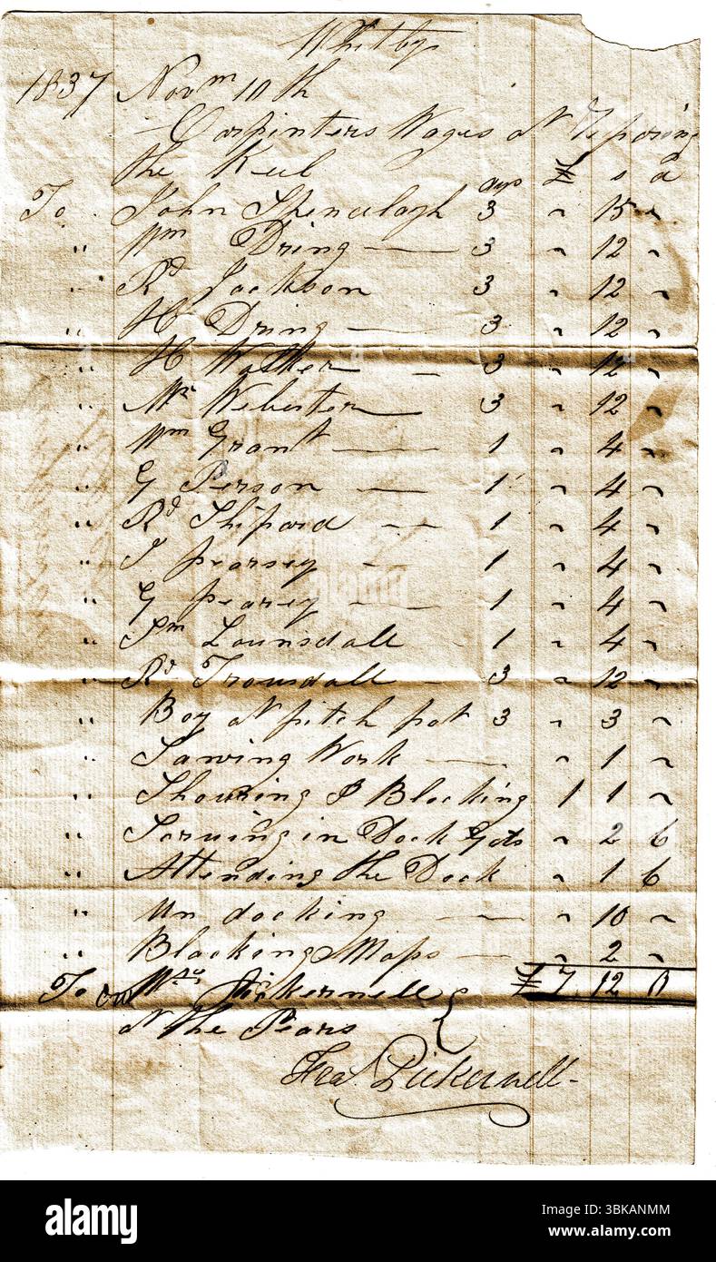 Un document détaillant les salaires versés aux charpentiers etc travaillant sur Whitb, Yorkshire jetées et quais en 1837. Il est signé par Francis Pickernell qui était l'ingénieur en charge des jetées et des structures maritimes. Banque D'Images