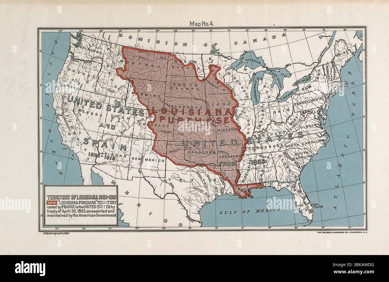 Carte vintage de la croissance territoriale des territoires des États-Unis suite à l'achat de Louisiane Banque D'Images