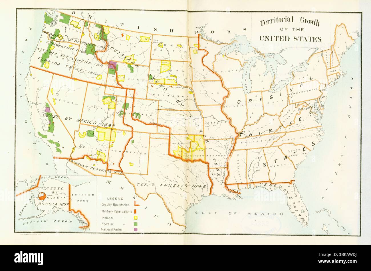 Carte vintage de la croissance territoriale des territoires des États-Unis, y compris l'achat de Louisiane et d'autres Add ons au 19ème siècle. Banque D'Images