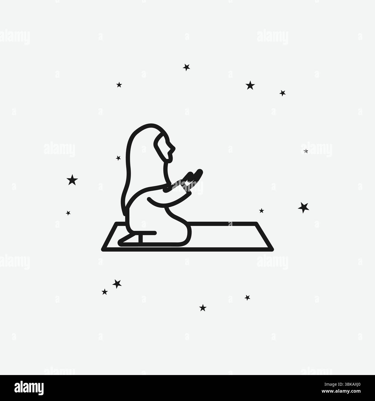 Femme musulmane priant sur un tapis avec des étoiles dispersées, représentant la prière islamique ou la dévotion, icône White Outline Illustration de Vecteur