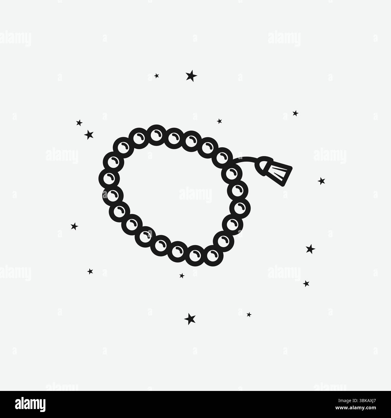 Perles de prière ou Rosaire avec pompon et étoiles dispersées sur fond clair, représentant la spiritualité ou la méditation, icône White Outline Illustration de Vecteur