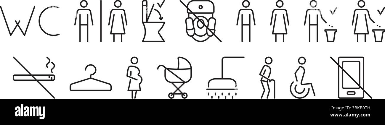 Jeu d'icônes de trait modifiable de ligne noire pour toilettes publiques, signes vectoriels linéaires pour WC, toilettes, salle de bains. Collection de pictogrammes monochromes de contour fo Illustration de Vecteur