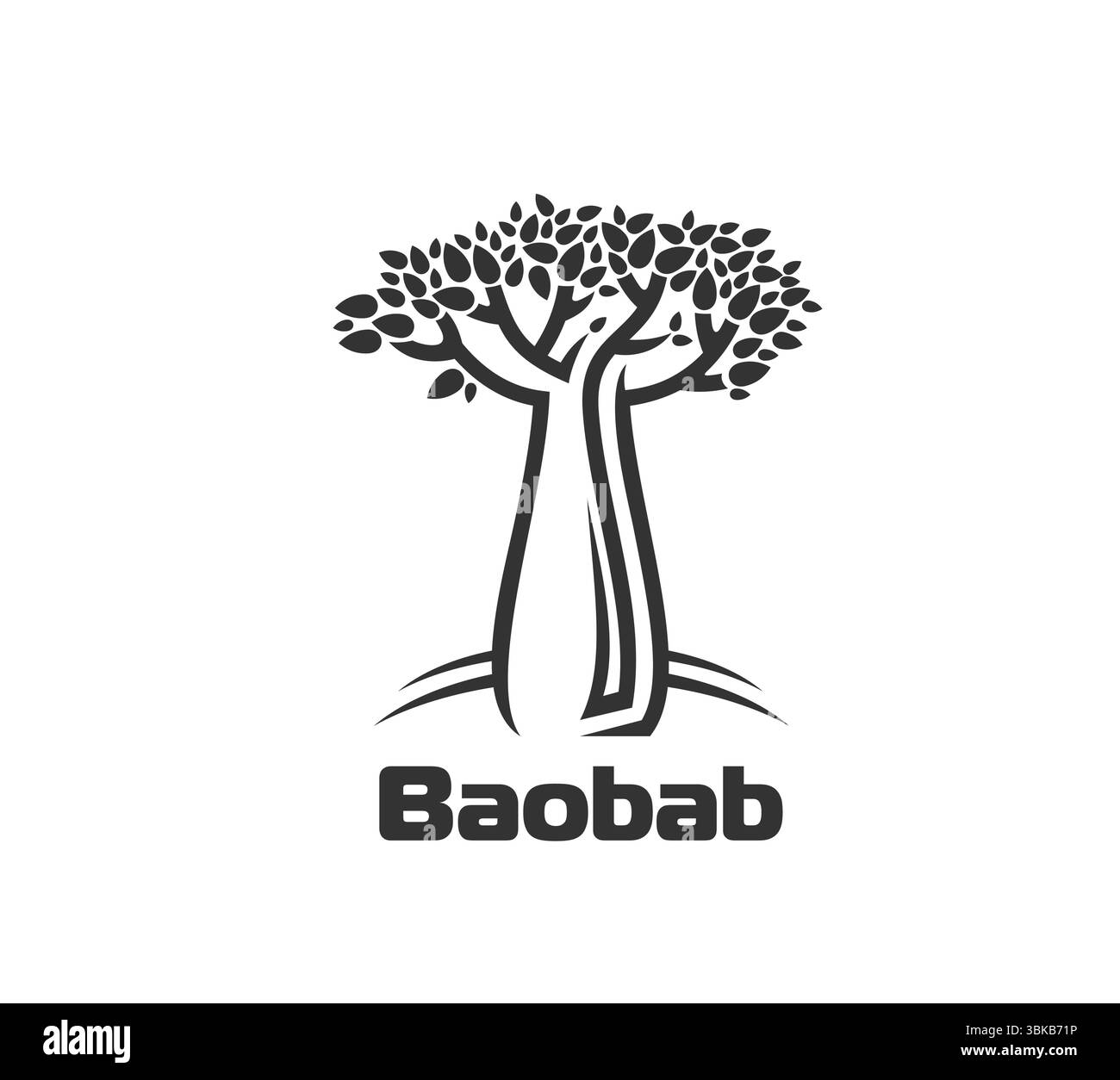 Icône d'arbre de baobab dans la silhouette de ligne mince pour la culture africaine ou les plantes exotiques, symbole vectoriel. Emblème d'arbre de baobab avec tronc et feuilles pour la nature écologique, voyage de safari en Afrique et conception de jardin de savane Illustration de Vecteur