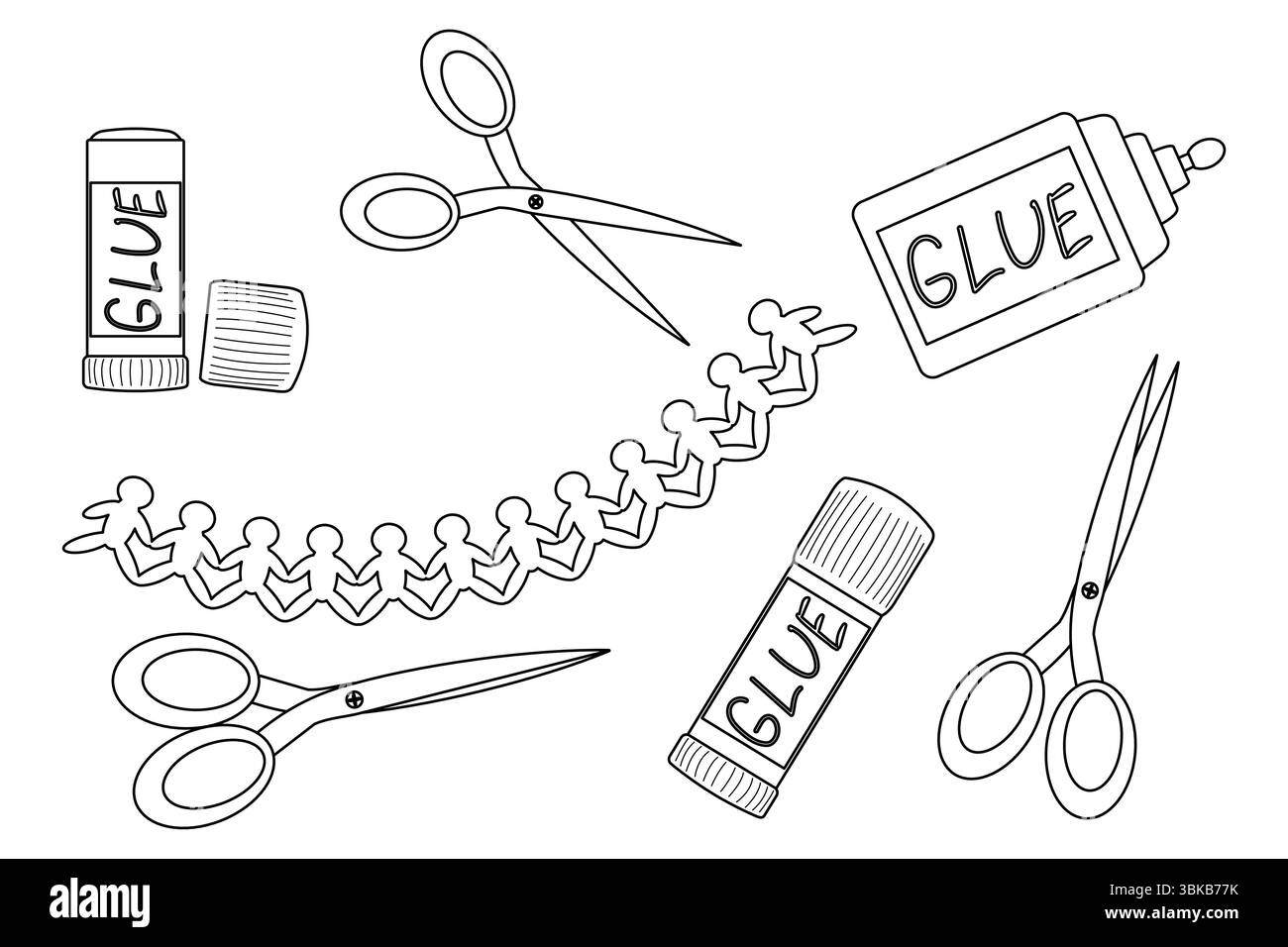Coloriage avec dessin de contour de fournitures scolaires avec bâtons de colle, ciseaux et découpes de gens en papier. Pour les activités divertissantes des enfants, revenez à Illustration de Vecteur
