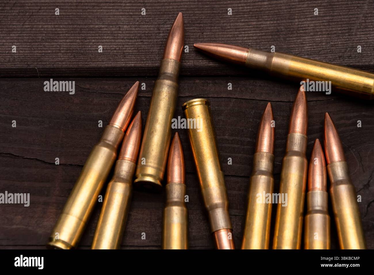 Gros plan de divers calibres de munitions reposant sur une planche de bois brut. Convient aux sujets liés à la chasse, au tir ou aux affaires militaires Banque D'Images