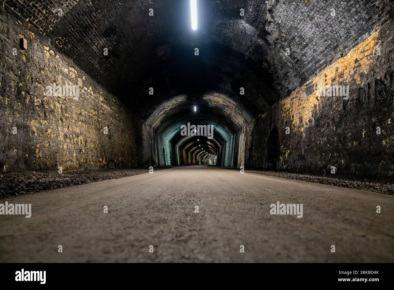 Vue en bas angle d'un long tunnel avec des lumières disparaissant au loin, créant une atmosphère mystérieuse Banque D'Images