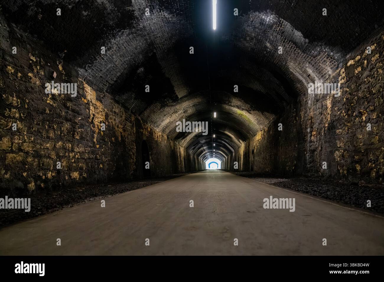 Long tunnel sombre qui s'étend devant vous, avec une lumière brillante à la fin éclairant un chemin et symbolisant l'espoir et les nouveaux débuts Banque D'Images