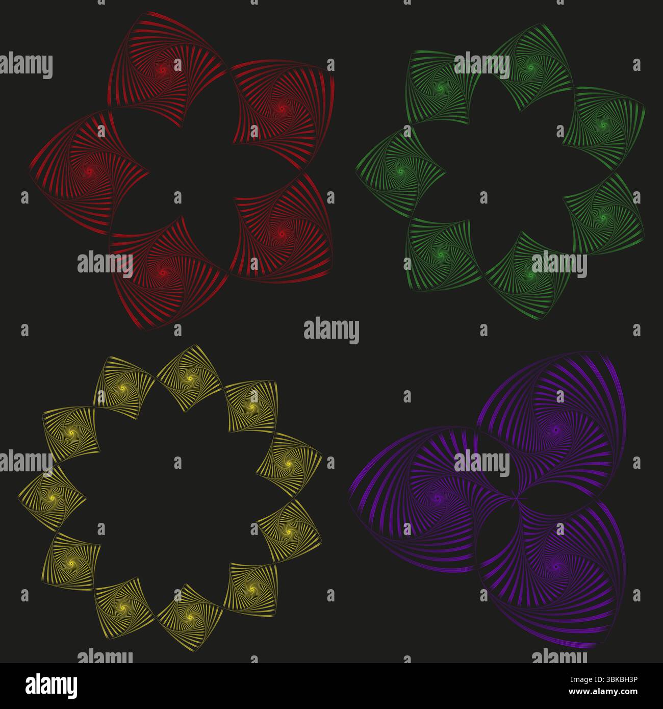 Icônes florales éclatantes. Formes colorées abstraites. Vecteur fond sombre. Conception symétrique des pétales. Illustration de Vecteur