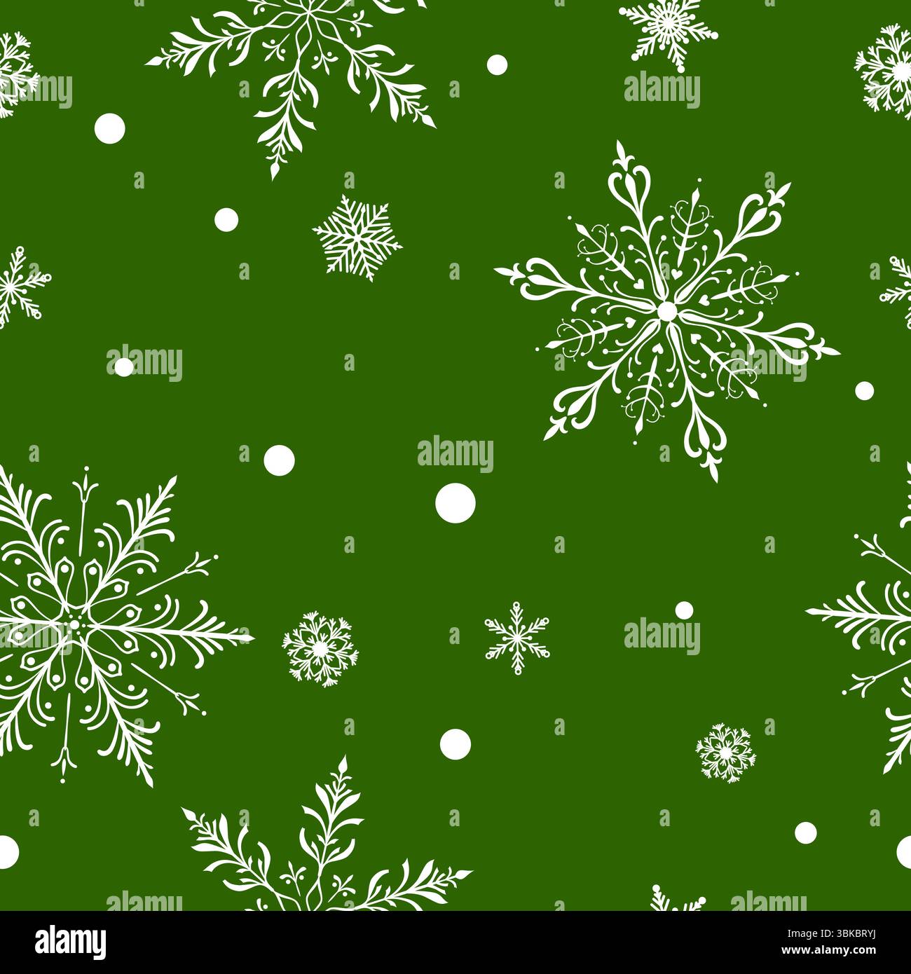 Motif sans couture de Noël avec de grands et petits flocons de neige complexes dans divers modèles et petits cercles, blanc sur fond vert. Illustration de Vecteur
