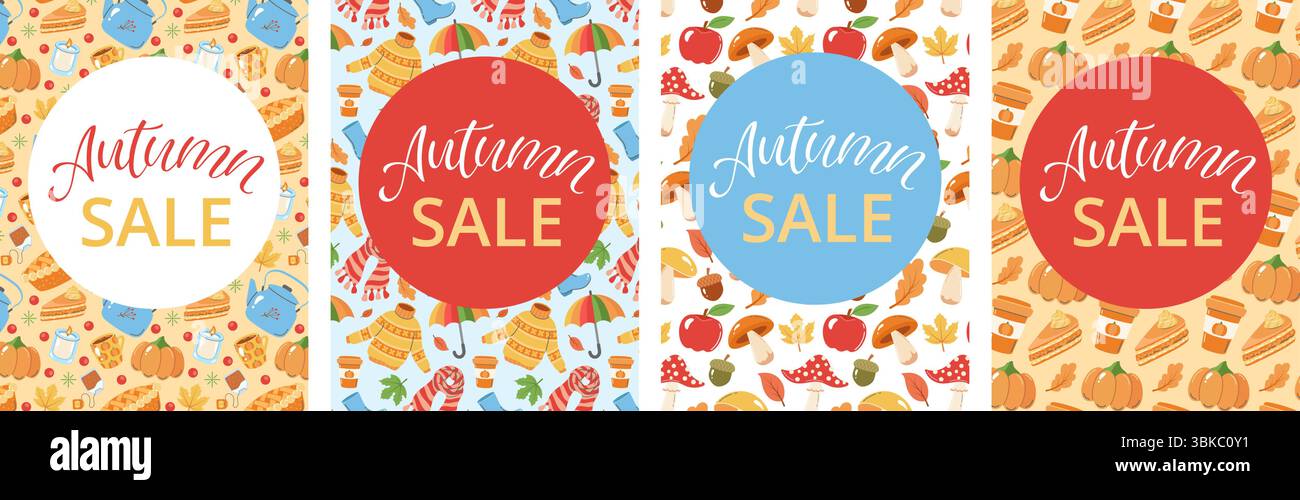 Un ensemble d'affiches de vente animées sur le thème de l'automne avec des motifs colorés avec des citrouilles, des foulards, des parapluies et des éléments d'automne confortables, parfait pour Illustration de Vecteur