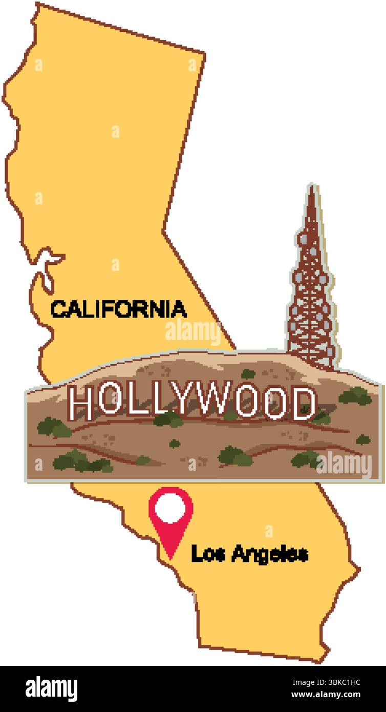 Illustration vectorielle de la carte de Californie mettant en évidence Hollywood et Los Angeles avec un design stylisé de point de repère Illustration de Vecteur