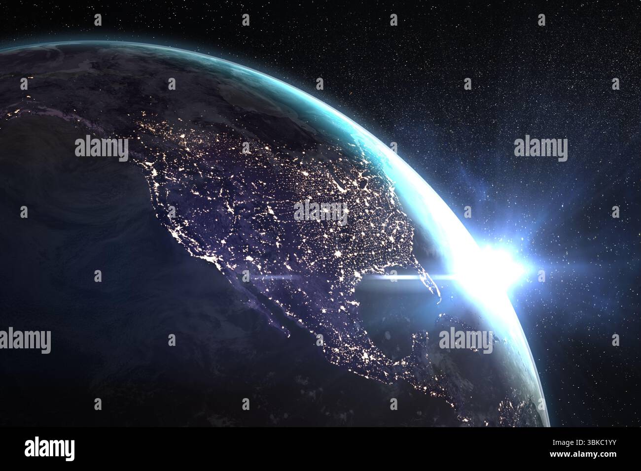 Image générée numériquement du soleil levant derrière la planète Banque D'Images