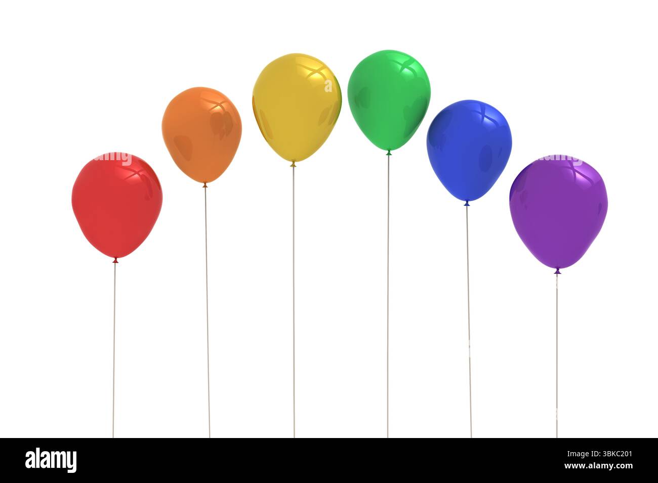 Six ballons colorés flottent sur de fines cordes dans un design plat avec fond blanc, espace de copie Banque D'Images