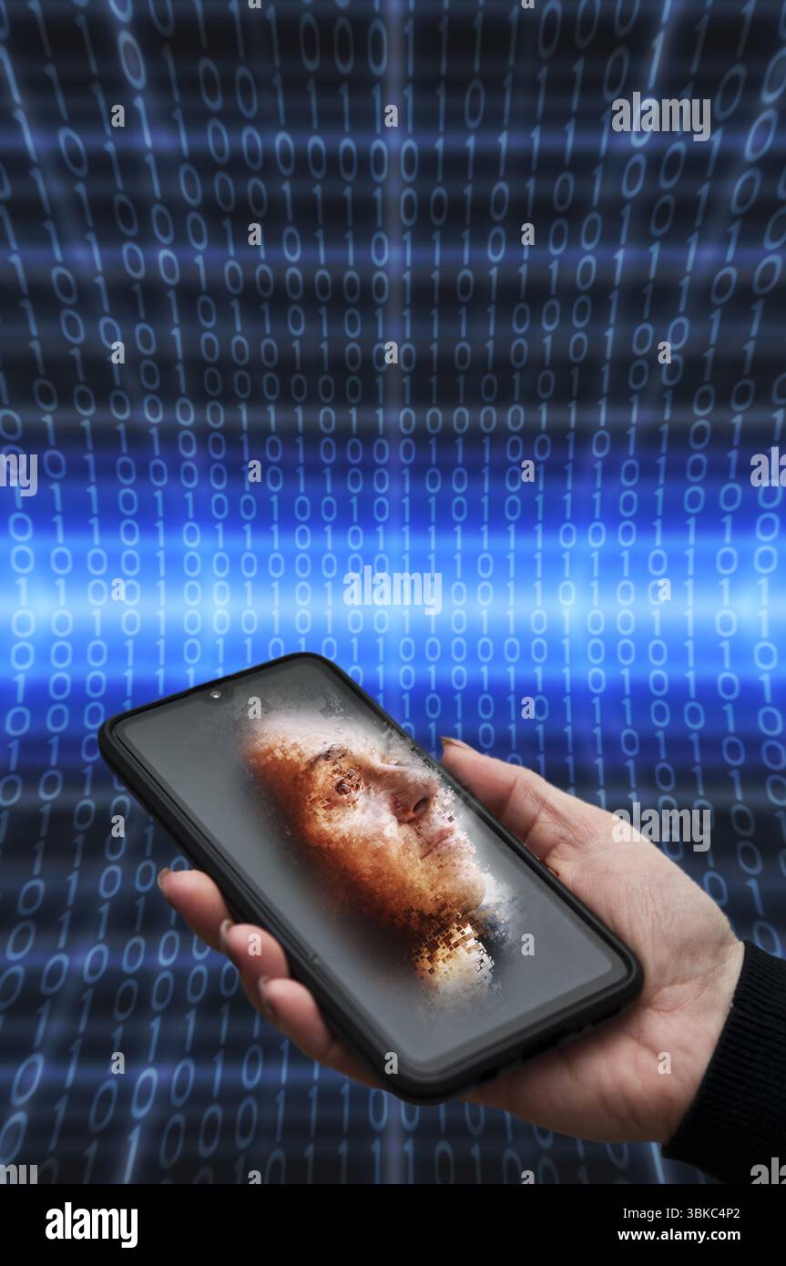 Main tenant un smartphone avec un assistant numérique ai Banque D'Images