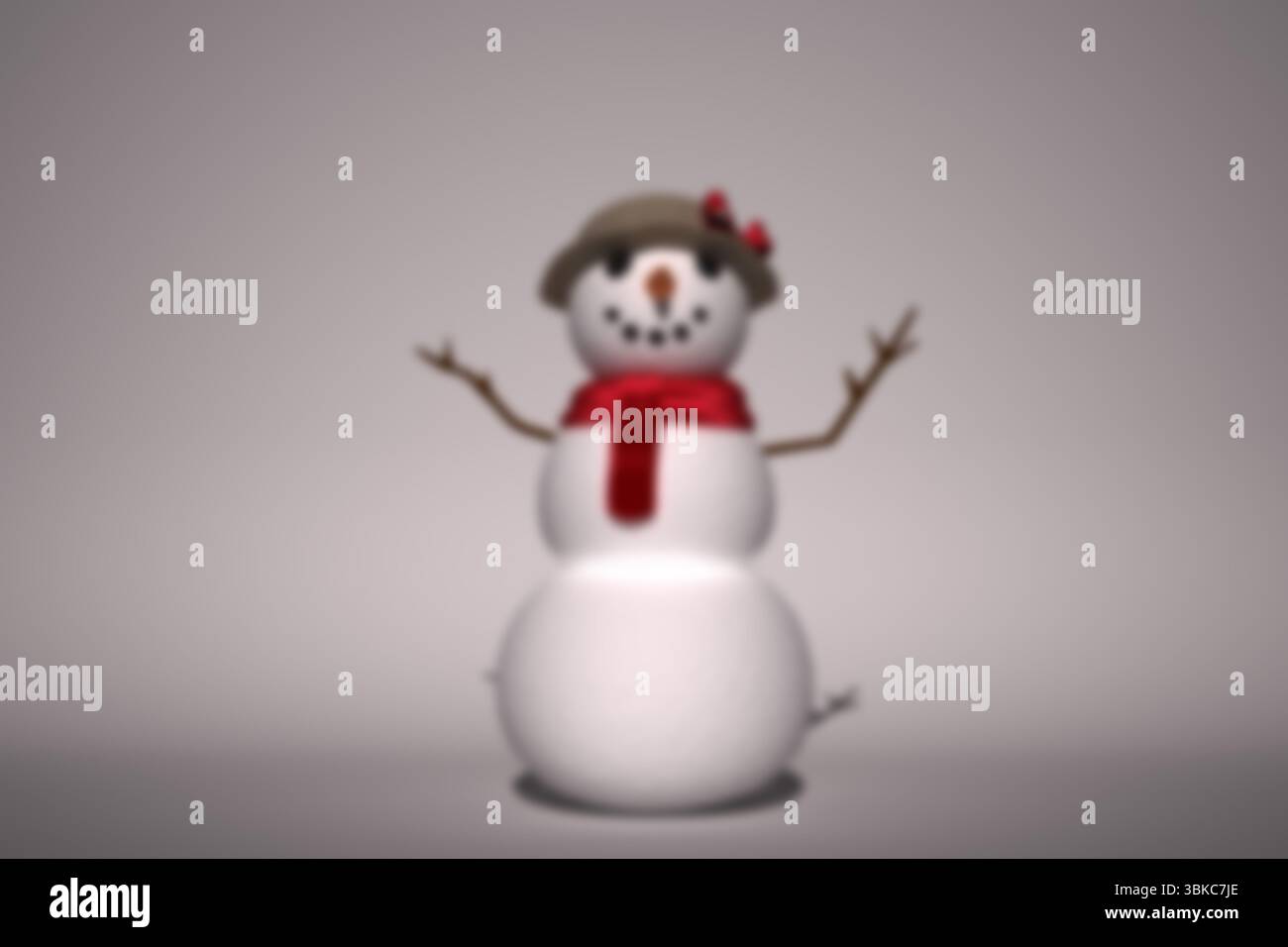 Bonhomme de neige est debout dans un design plat sur fond dégradé gris, avec des bras de brindilles et une écharpe rouge Banque D'Images