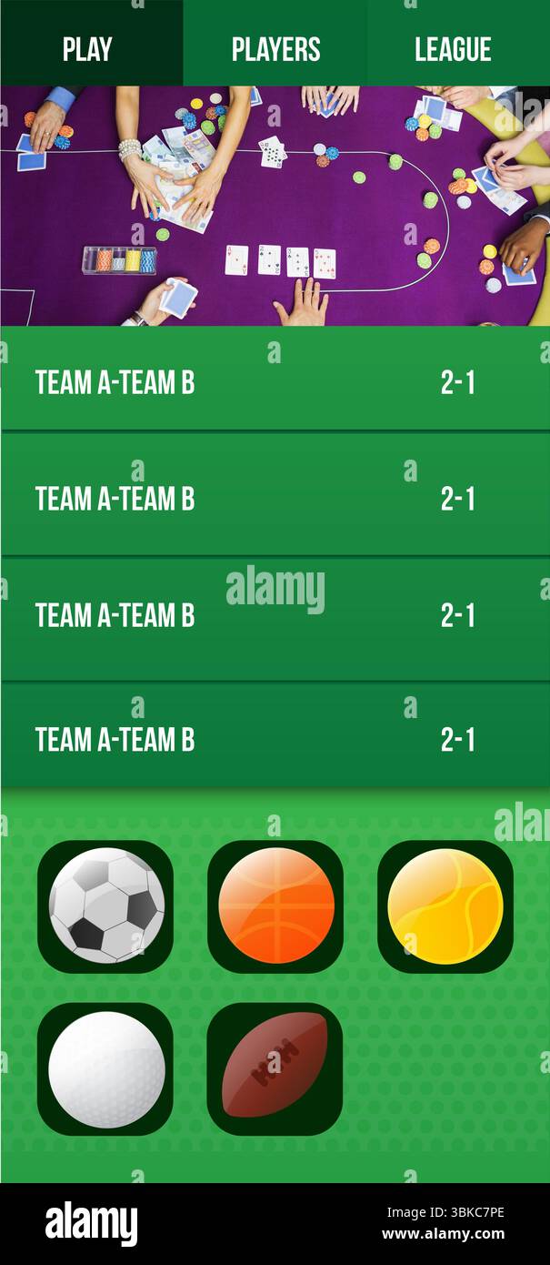 Au-dessus de l'interface utilisateur plate poker montre les JOUEURS JOUER cartes de LA LIGUE scoreboard icônes sportives transparent bg Banque D'Images