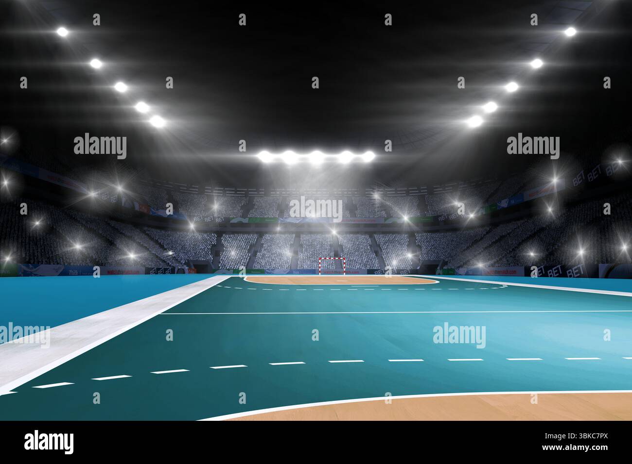 Design plat montrant le terrain de handball au centre avec sol sarcelle, but rouge-blanc, projecteurs brillants Banque D'Images