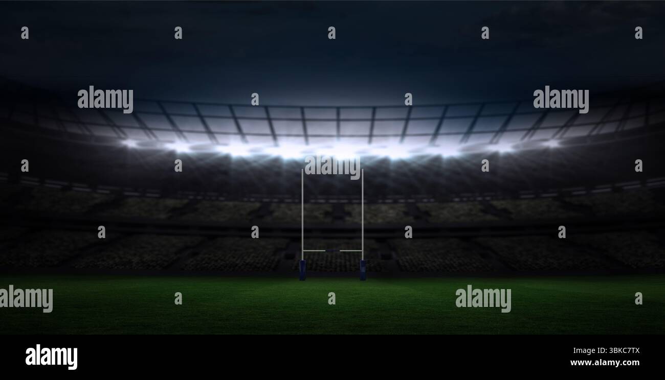 Les poteaux blancs de rugby s'élèvent dans un stade de conception plate sous des projecteurs lumineux avec gazon vert Banque D'Images