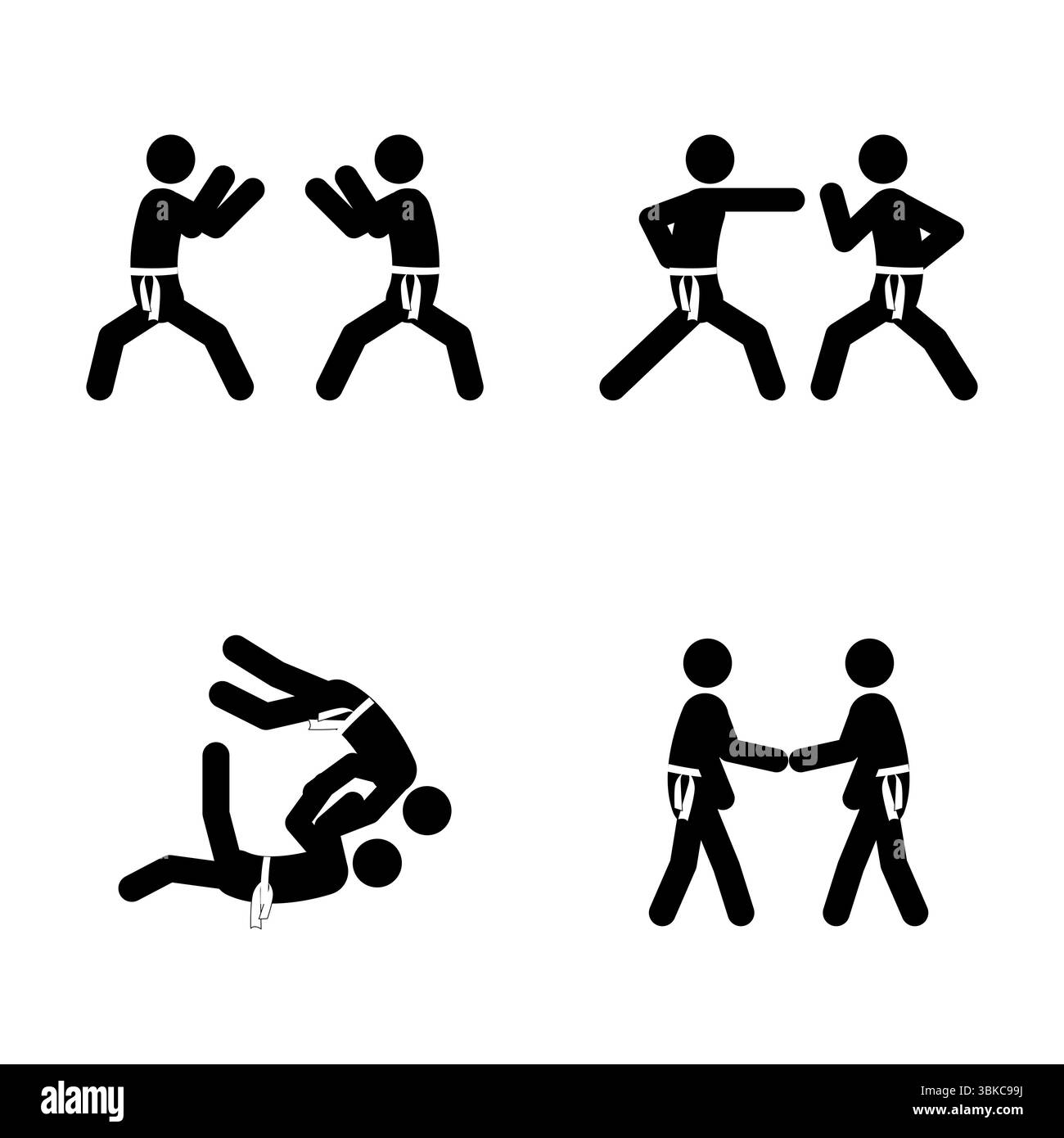 Ensemble de figures de bâton, karaté art martial, silhouettes noires sur fond blanc, illustration vectorielle plate. Illustration de Vecteur