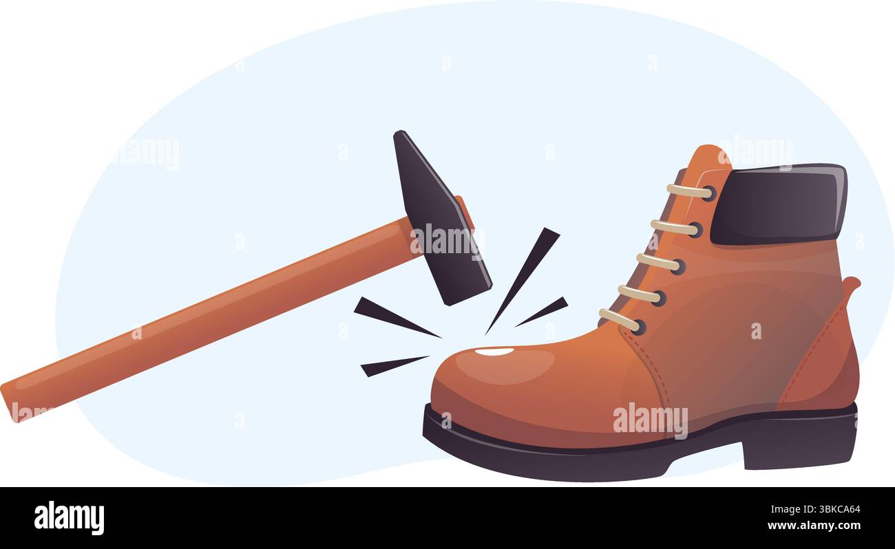 Sécurité pour chaussures de travail contre le martelage ou la chute de charges. Botte de protection uniforme. Atelier de cordonnier. Outil marteau heurté. Fixation et repai de chaussures en cuir Illustration de Vecteur