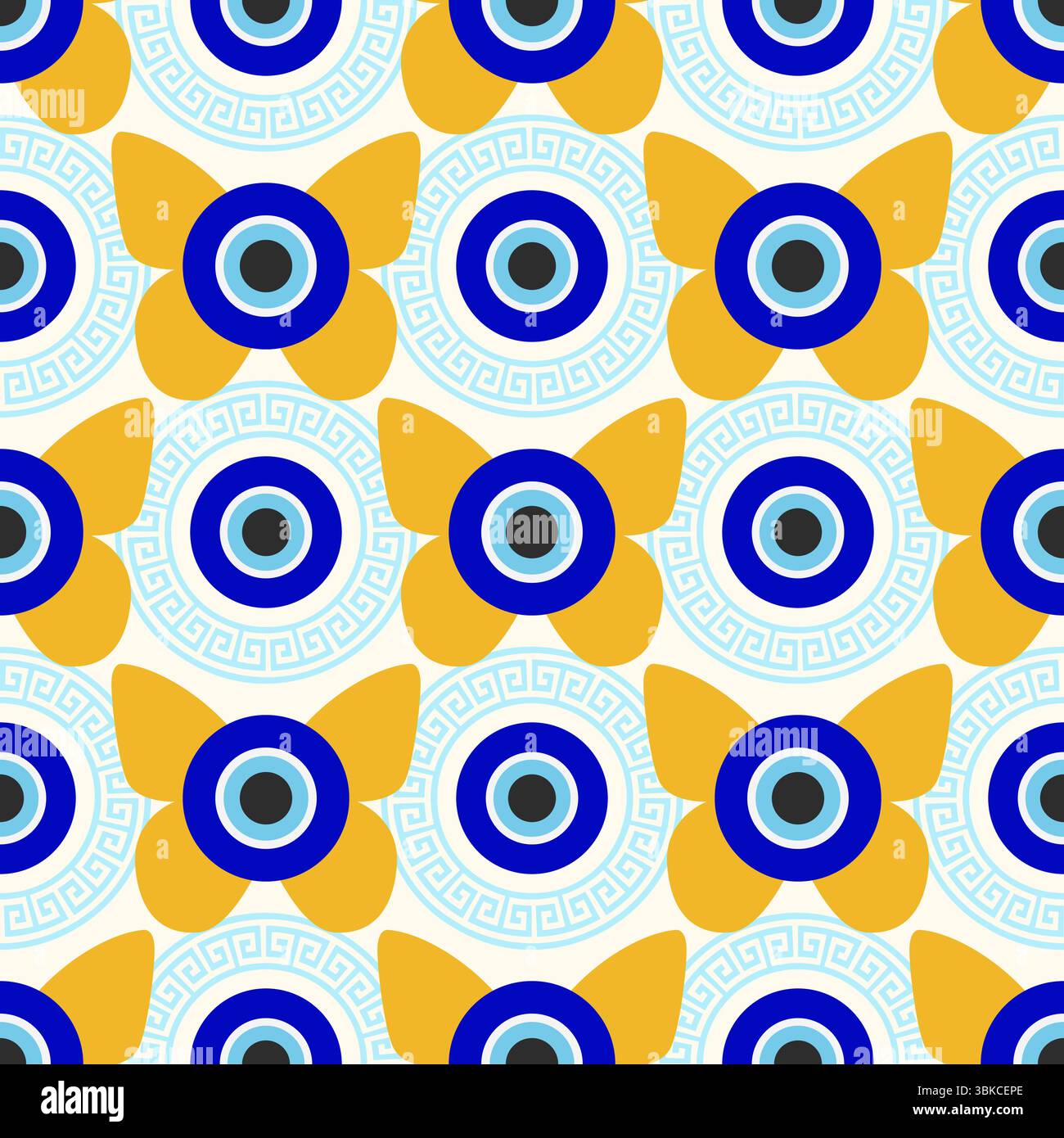 Motif mauvais oeil sans couture. Perle bleue turque avec méandre. Fond magique de vecteur grec avec le symbole ethnique nazar de protection et de chance. Traditionnel Illustration de Vecteur