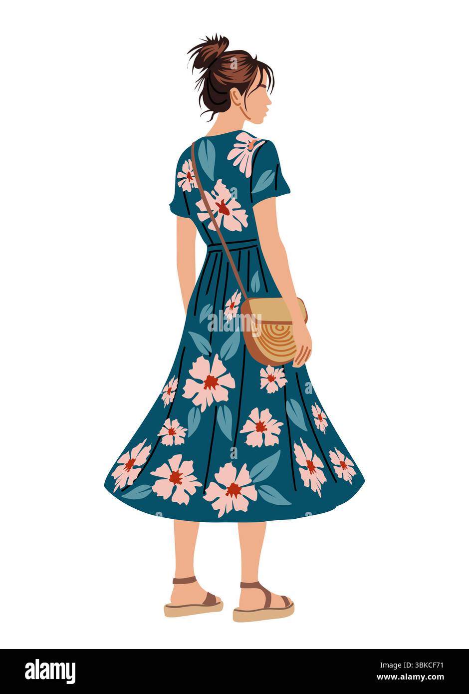 Femme en robe florale d'été et sandales isolées Illustration de Vecteur