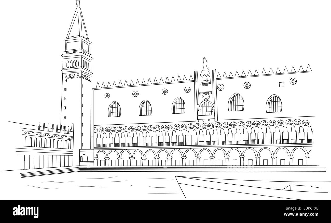 Illustration simple en noir et blanc du célèbre Palais des Doges et du Campanile de Mark surplombant le canal de Venise, Italie. Illustration de Vecteur