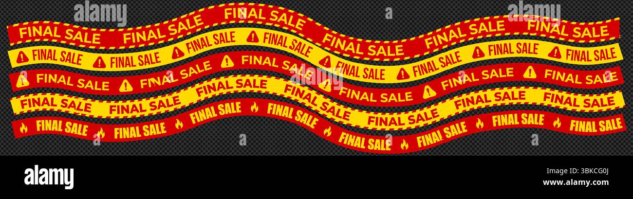 Bandes jaunes rouges courbées avec texte de vente finale audacieux, icônes d'avertissement, flammes. Crée une impression d'urgence et de bonnes affaires. Utilisé pour les annonces de détail, les bannières, le produit Illustration de Vecteur