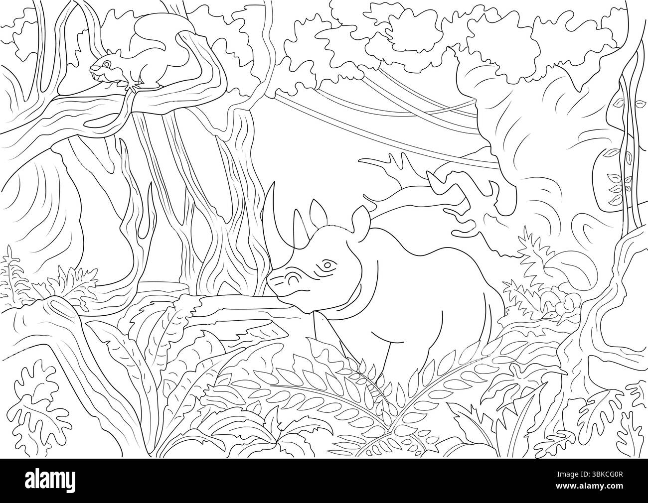 Illustration d'art au trait noir et blanc représentant un rhinocéros au milieu d'un feuillage dense de jungle avec des arbres, des vignes et des fougères. Un petit animal, peut-être un squi Illustration de Vecteur