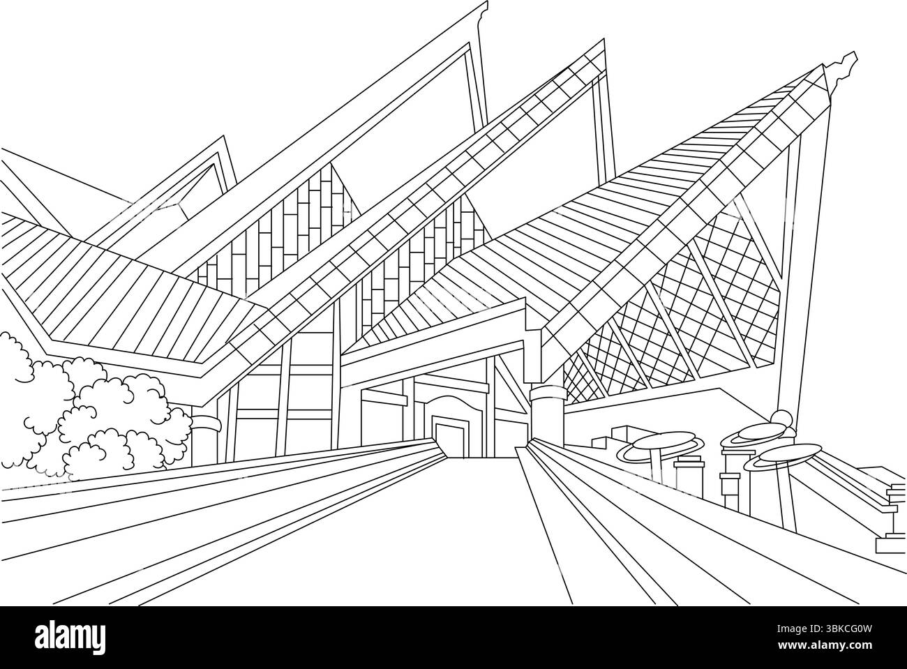Illustration minimaliste de dessin au trait noir et blanc de Istana Budaya (Palais de la culture) à Kuala Lumpur, Malaisie, un point de repère important et national Illustration de Vecteur