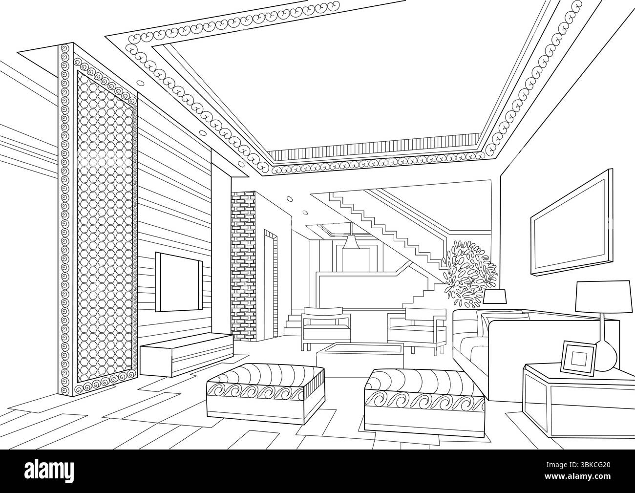 Illustration détaillée de dessin au trait représentant un espace intérieur moderne à plusieurs niveaux. Les équipements comprennent un coin salon avec canapé et repose-pieds, une télévision Illustration de Vecteur