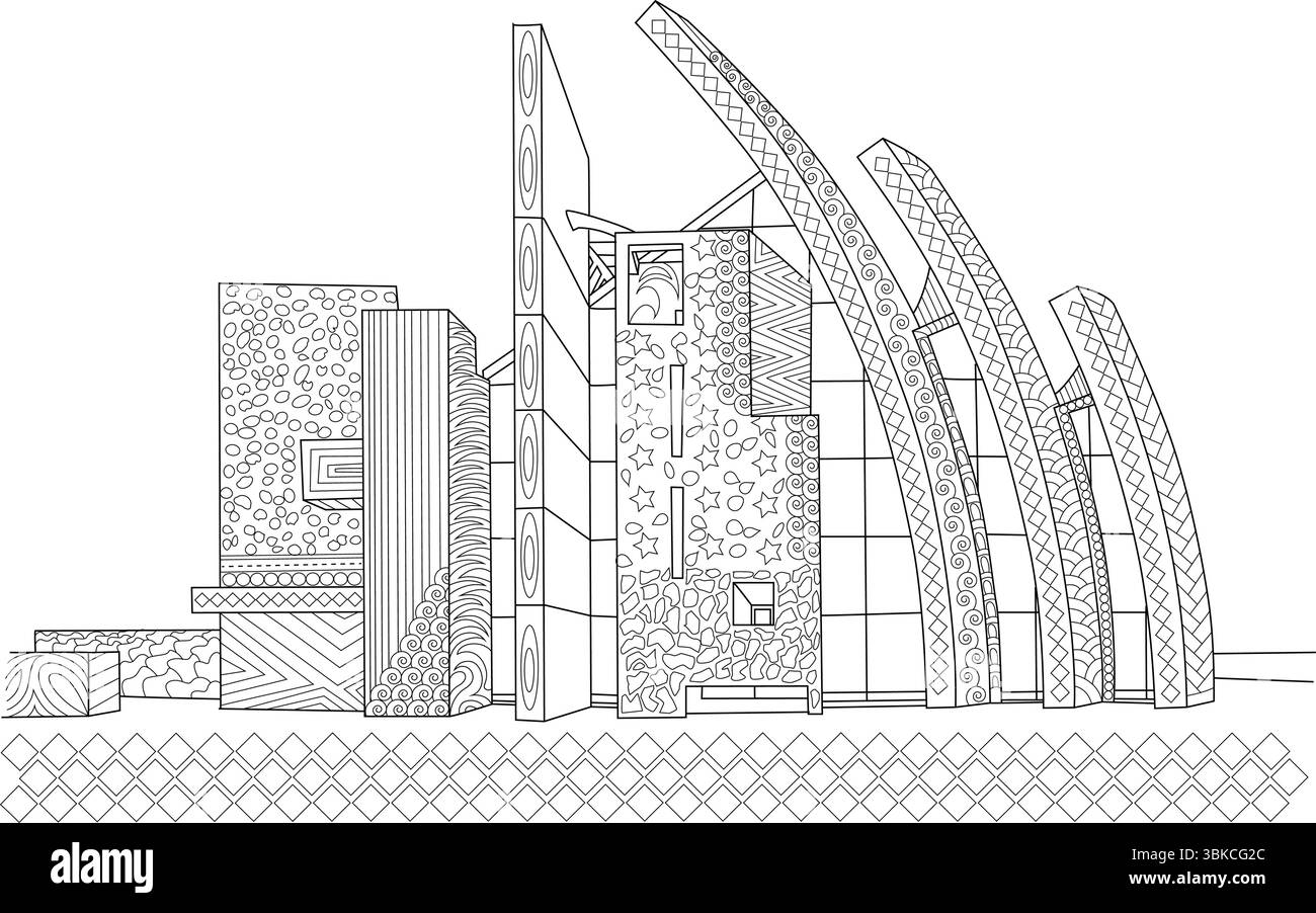 Illustration détaillée d'art au trait noir et blanc de l'église du Jubilé à Rome, mettant en valeur son design architectural moderne unique avec des murs courbes et Illustration de Vecteur