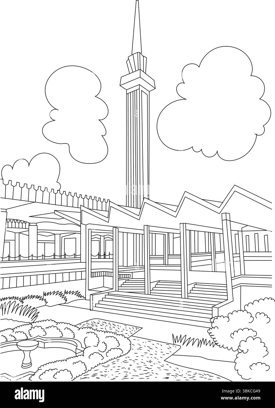 Illustration en noir et blanc de la mosquée nationale (Masjid Negara) à Kuala Lumpur, Malaisie, avec son architecture distincte, minar Illustration de Vecteur