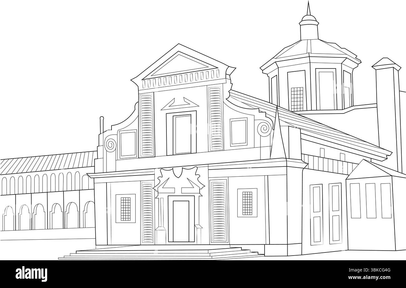 Dessin vectoriel du Sanctuaire d'Oropa, un sanctuaire marial important situé dans la commune de Biella, en Italie. L'illustration illustre le faca Illustration de Vecteur